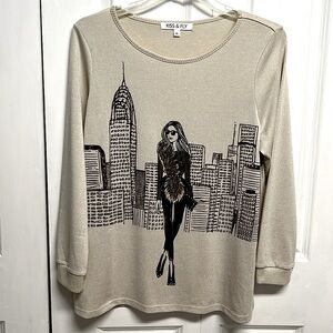 Kiss & Fly Crean Multi Color City Girl Print Beaded Knit Top Size XL